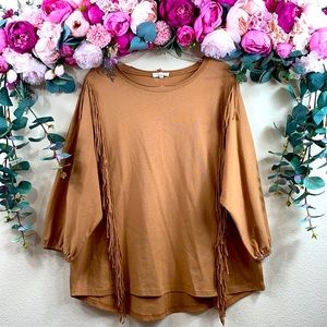 •easel• Tan {100% COTTON} Heavyweight long-sleeved Shirt w/ Front Fringe Detail
